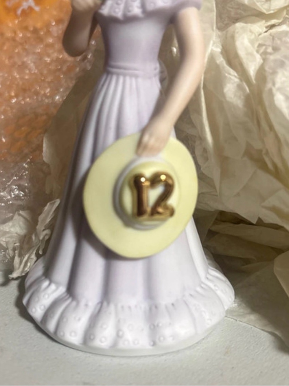 Enesco Pale Lavender Porcelain Figurine Holding Cream Hat with Gold Accent